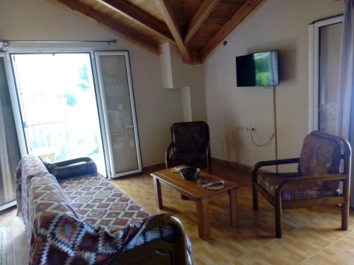 a living room with a couch and two chairs and a table at Maria's Sea View Apartments in Mousata