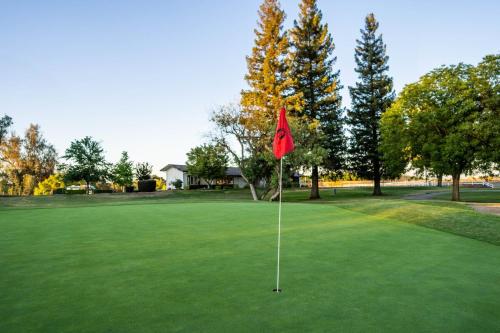 a golf course with a red flag on the green at Riverfront Beauty with Pickle Ball Court in Kingsburg