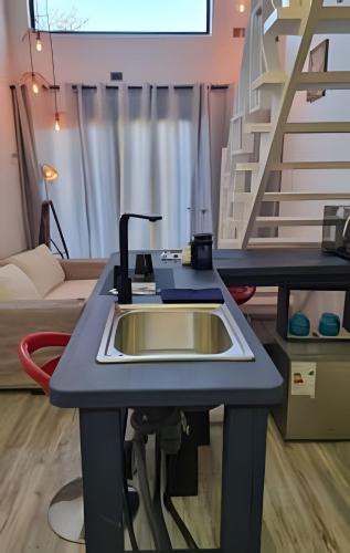 a kitchen counter with a sink in a room at okeyloft Coyhaique 5 in Coihaique