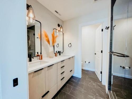 a bathroom with a sink and a mirror at New Downtown Hailey Condo with Rooftop Hot Tub in Hailey