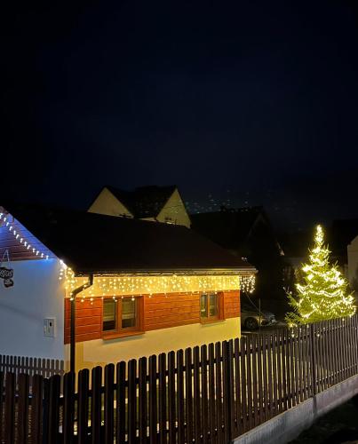 a house with a christmas tree and lights on it at Rajcuś in Rajcza