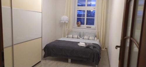 a small bedroom with a bed and a window at Apartament u podnóża Gór Stołowych in Radków
