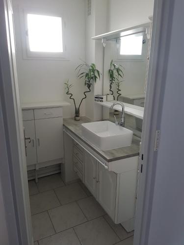 a white bathroom with a sink and a window at Belle Appartement in Auxerre