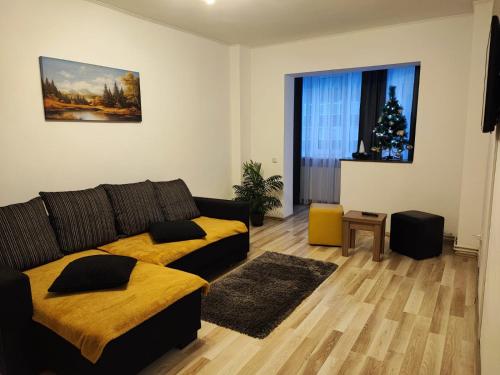 - un salon avec un canapé et une fenêtre dans l'établissement Apartament Racadau, à Braşov