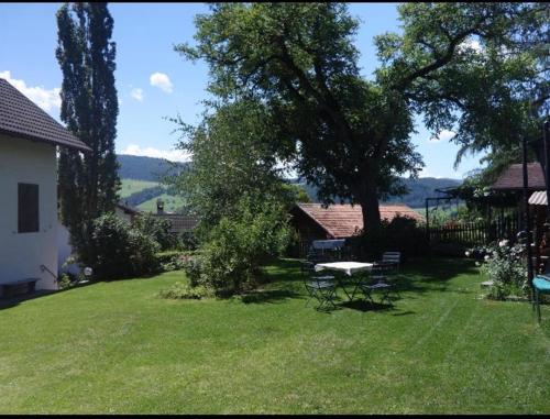 a yard with a table and chairs and a tree at Apartment Maximilian in Völs am Schlern