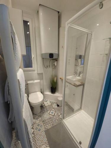 een badkamer met een douche, een toilet en een wastafel bij French Luxury Paris in Parijs