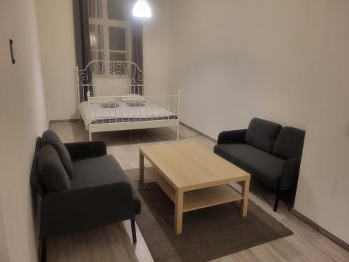 uma sala de estar com dois sofás e uma mesa de centro em Sleepover City Center Apartment em Budapeste