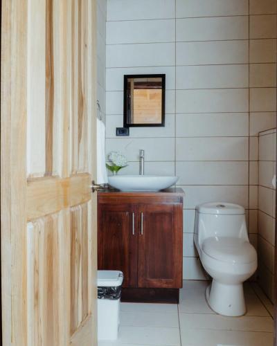 a bathroom with a sink and a toilet at Cabinas El Quetzal in San Gerardo de Dota