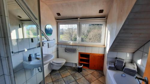 a small bathroom with a sink and a toilet at Ferienwohnung Oflings in Wangen im Allgäu