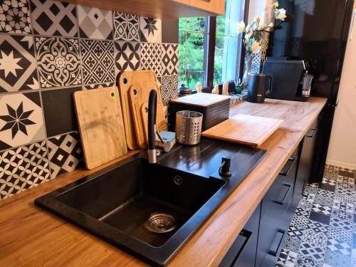 uma cozinha com um lavatório preto e um balcão em Dom nad Potokiem Sowa em Rzeczka