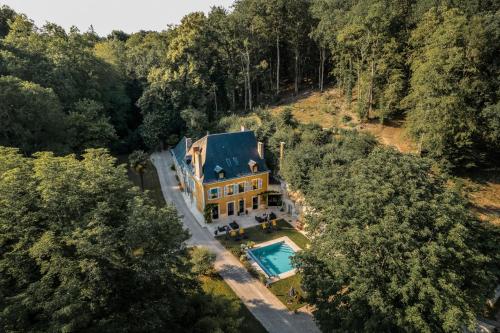 una vista aérea de una mansión con piscina en Domaine du Val Sauvage, en Langeais