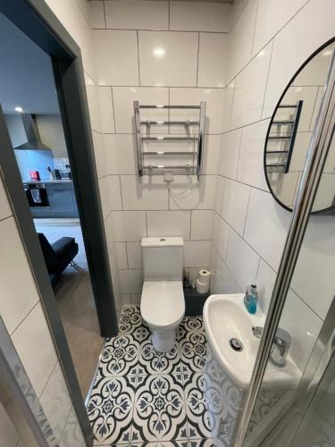 a bathroom with a toilet and a sink at CV1 City Stays - Short & Long Term Serviced Apartment No 7 in Coventry