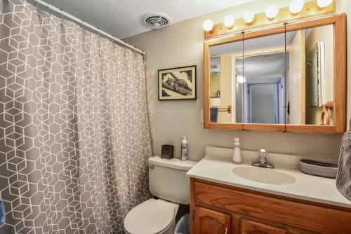 a bathroom with a shower with a toilet and a sink at Gorgeous Bungalow close to Bushmaster Park! in Flagstaff