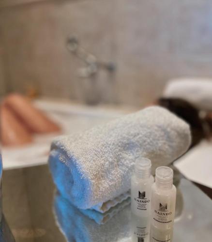 two bottles on a glass table in a bathroom at Naindo Park Hotel in La Rioja