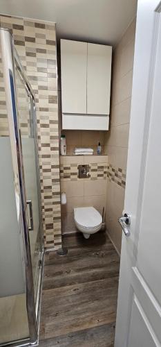 La salle de bains est pourvue de toilettes et d'une armoire blanche. dans l'établissement Estudio tranquilo cerca del mar., à Puerto de la Cruz