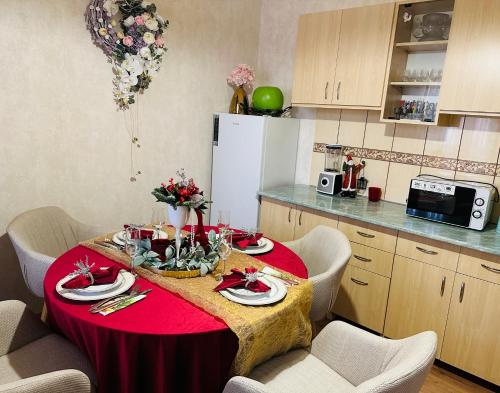 a kitchen with a table with a red table cloth at Flamingo House in Reghin