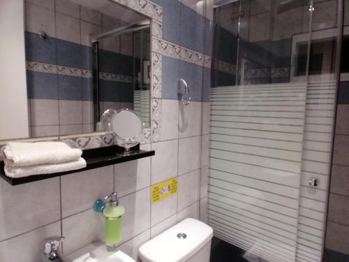 a bathroom with a toilet and a sink and a mirror at Olga's Cozy Nest , apartment in Ano Korakiana. in Áno Korakiána