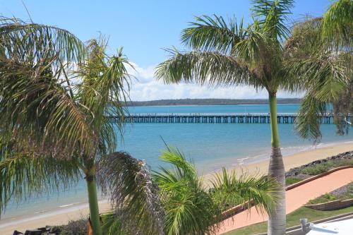 a beach with palm trees and palm trees at Santalina On Hervey Bay in Hervey Bay