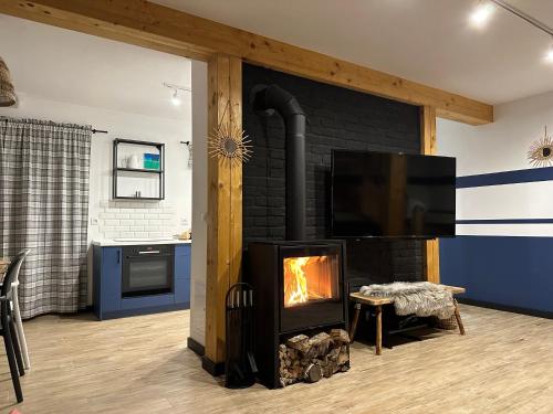 a living room with a fireplace and a tv at Villa Kama in Giżycko