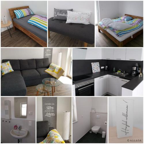 un collage de fotos de una sala de estar con sofá en Ferienwohnung Langgöns en Langgöns