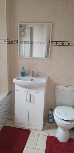 La salle de bains est pourvue d'un lavabo, de toilettes et d'un miroir. dans l'établissement Simply Relax,1 Eastham London, à Londres