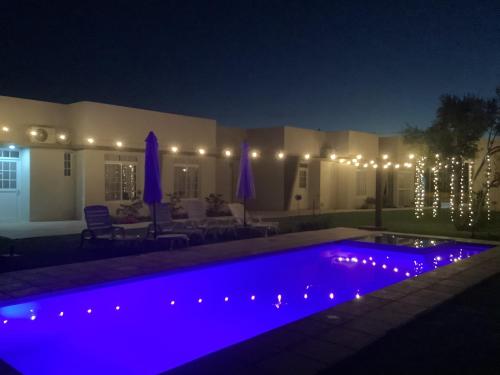 a swimming pool with purple lights in a yard at night at Los Olivos in Federación