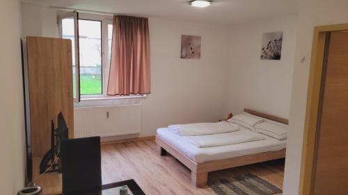 薩爾布呂肯的住宿－Saarbrücken City Apartments，一间卧室设有一张床和一个窗口