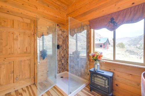 uma casa de banho com um chuveiro e um fogão num quarto em Salmon Vacation Rental with On-Site River Access! em Salmon