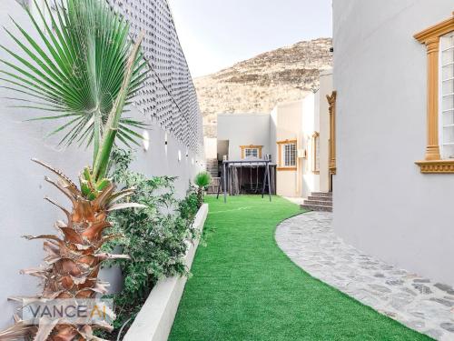 a courtyard with green grass and a palm tree at منتزة درة العروس in Taif
