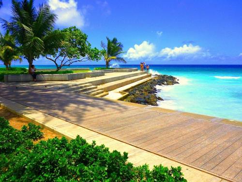 a wooden pathway leading to the ocean with palm trees at Apt 1 Lynsted - Newly renovated 2 bed 1 bath in Bridgetown
