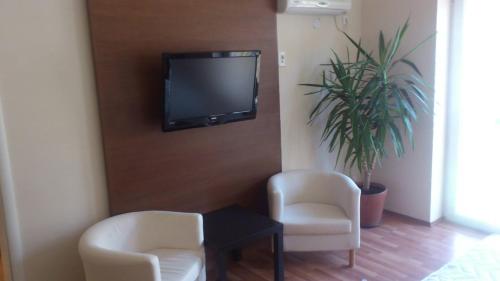 a living room with two chairs and a tv on the wall at Apartment Mašić in Sombor