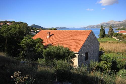 una casa vieja con techo naranja en un campo en Apartments by the sea Kolocep, Elafiti - 2182 en Koločep