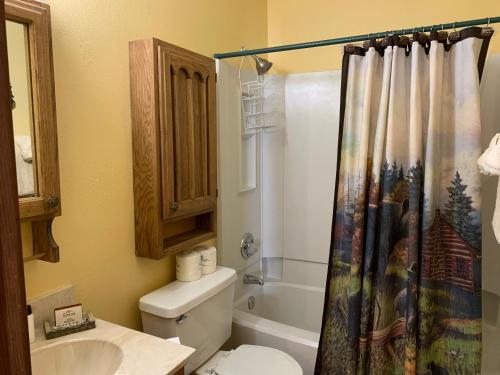 La salle de bains est pourvue de toilettes et d'un rideau de douche. dans l'établissement Riverbend 7- Full Unit, à Red River