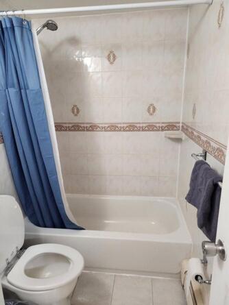 a bathroom with a toilet and a blue shower curtain at Luxury Colorful 3 Bd Unit 1 10 Mins From JFK in Brooklyn