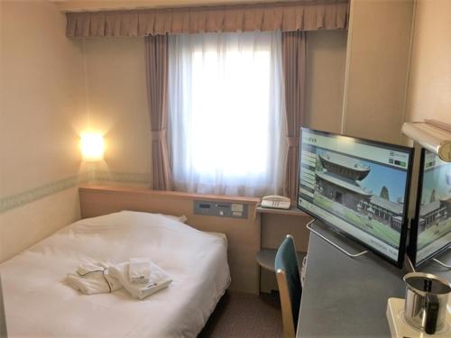 ein Hotelzimmer mit einem Bett und einem Flachbild-TV in der Unterkunft Hotel Alpha-One Takaoka in Takaoka