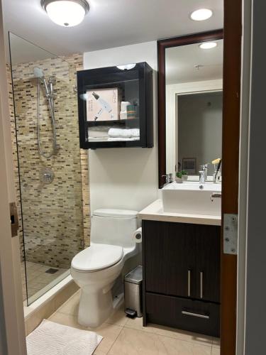 a bathroom with a toilet and a sink and a shower at Modern top-floor 1-bedroom loft with free parking in Vancouver