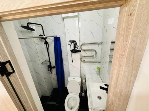 biała łazienka z toaletą i prysznicem w obiekcie Гостевой Дом Guest of Almaty w mieście Ałma-Ata