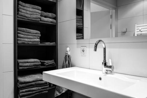 een badkamer met een wastafel en een plank met handdoeken bij De Gemoedelijkheid in Nuenen