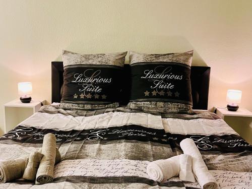 a bed with two pillows on top of it at Studio an der Elbe mit Balkon, Küche und Netflix in Dresden