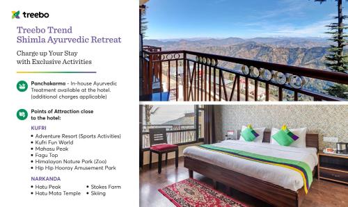 a flyer for a hotel with a view of the mountains at Treebo Trend Shimla Ayurvedic Retreat Kufri in Kūfrī