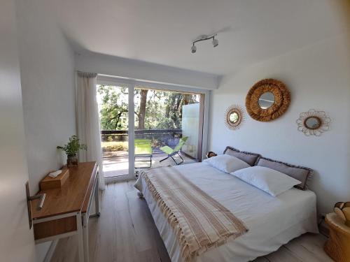 1 dormitorio con cama, escritorio y ventana en Le Duc de Savoie Thonon, en Thonon-les-Bains