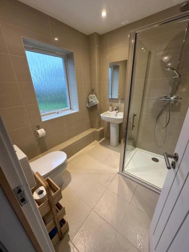 a bathroom with a shower and a toilet and a sink at The Annexe at Greendyke House in Addingham
