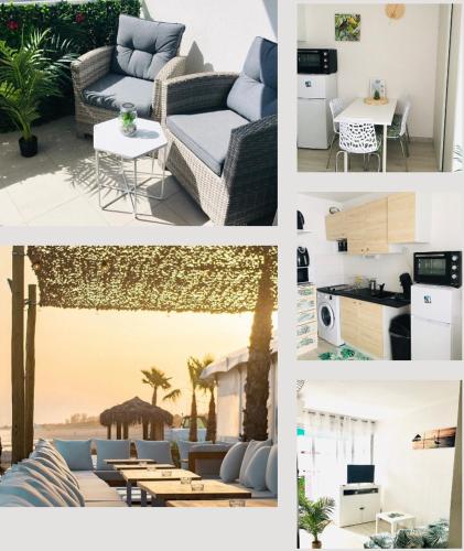 un collage de quatre photos d'un salon dans l'établissement studio cosy et moderne au couchant situé 150m de la plage -avec PARKING GRATUIT PRIVE - 25m2 - climatisé - balcon - wifi gratuit, à La Grande Motte