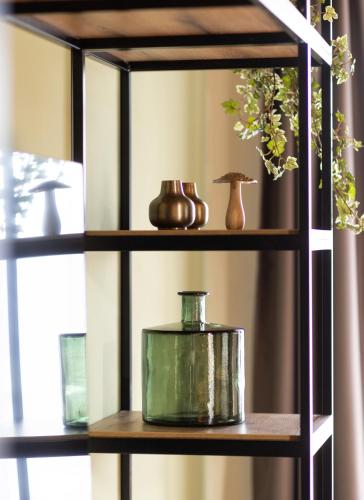 a shelf with vases and plants on it at Höflehner Premium Gumpen Lodge in Haus im Ennstal