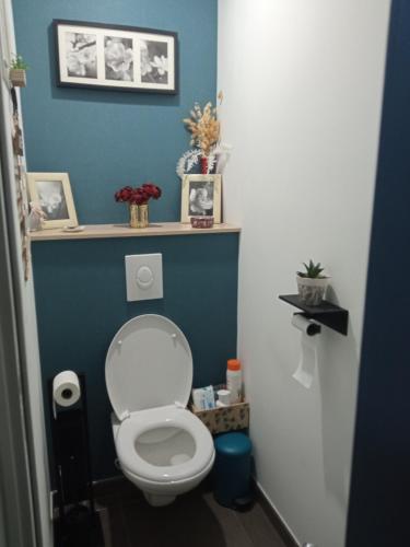 a bathroom with a white toilet in a blue wall at LA PETITE MEUNIERE in Tramain
