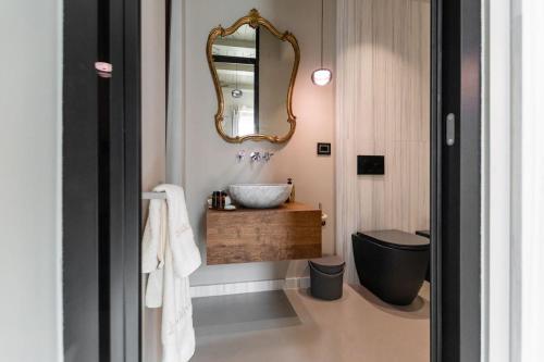 uma casa de banho com um lavatório, um WC e um espelho. em Tenuta Zamparina em Montignoso