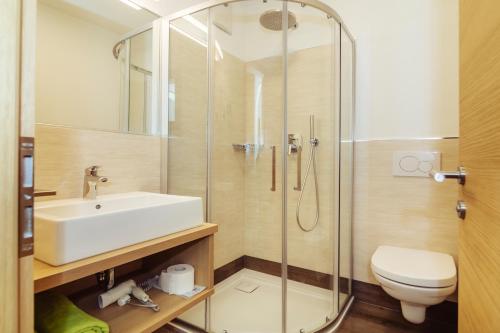 ein Bad mit einer Dusche, einem Waschbecken und einem WC in der Unterkunft Garni-Hotel Farmerhof in Partschins