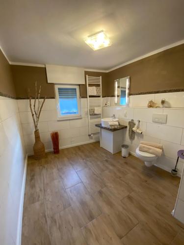 ein Bad mit einem WC und einem Waschbecken in der Unterkunft Ferienwohnung Ambiente II und III in Klotten