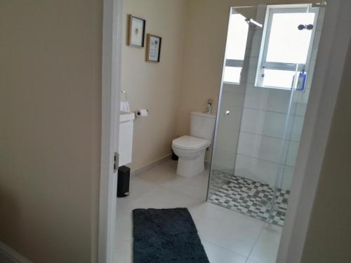 a bathroom with a toilet and a glass shower at Pincushion Heights in Brenton-on-Sea