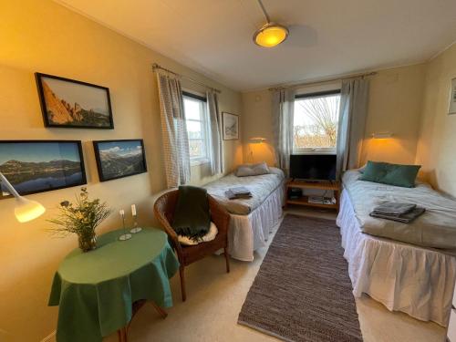 ein Wohnzimmer mit einem Bett und einem Tisch in der Unterkunft Åkarpsvägen Vacation Home in Trelleborg